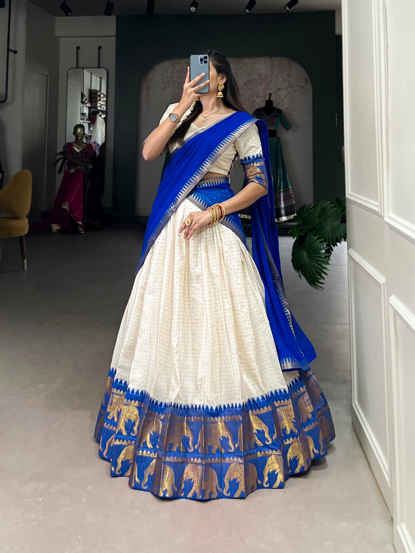 Royal Blue Color Chex With Zari Weaving Work Poly Cotton Pattu Lehenga Choli By WTW