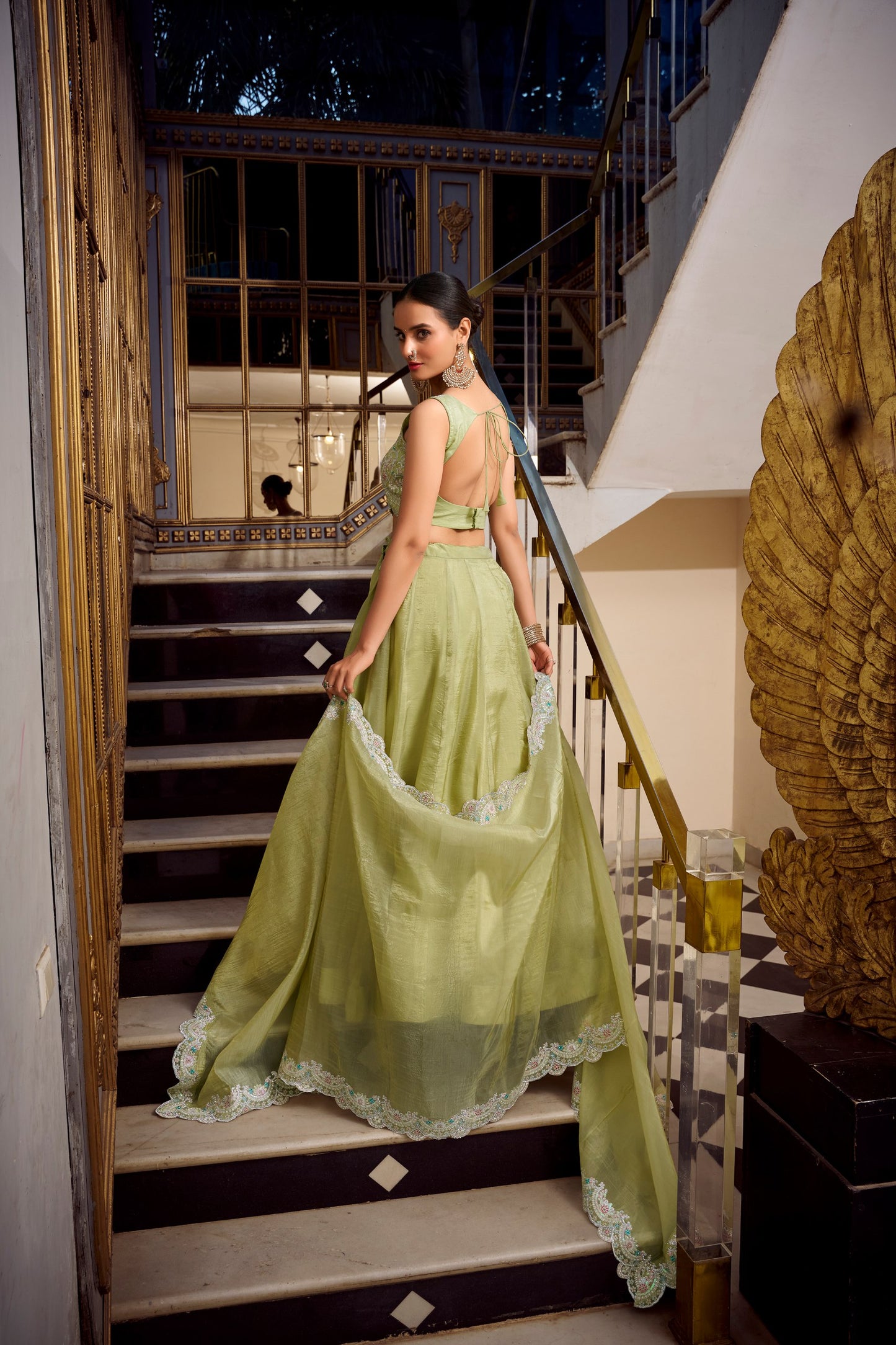 Wonderful Pastel Green Organza Designer Lehenga Choli With Dupatta By WTW