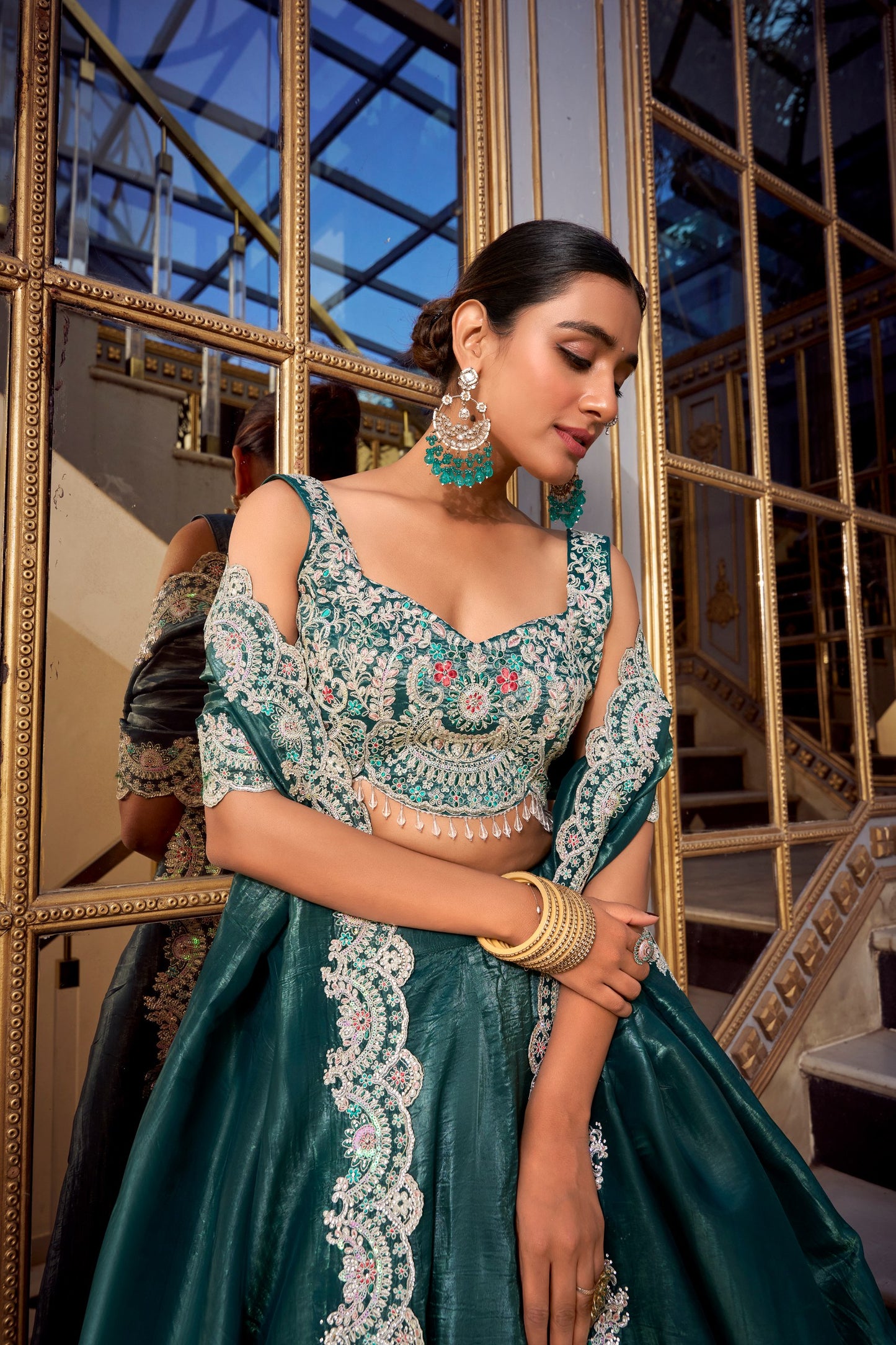 Teal Green Color Gold Crush Lehenga Choli By WTW