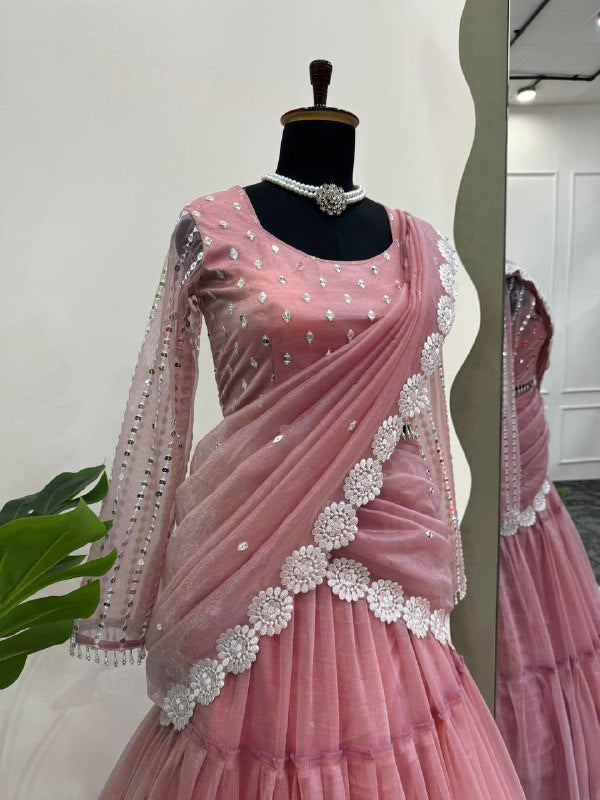 Onion Pink Twill Organza Ruffle Style Lehenga Saree By WTW