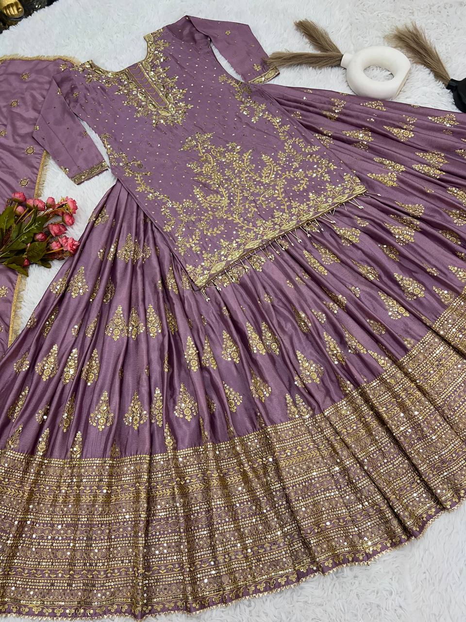 Captivating Wine Color Chinnon Silk Embroidery Lehenga Choli By WTW