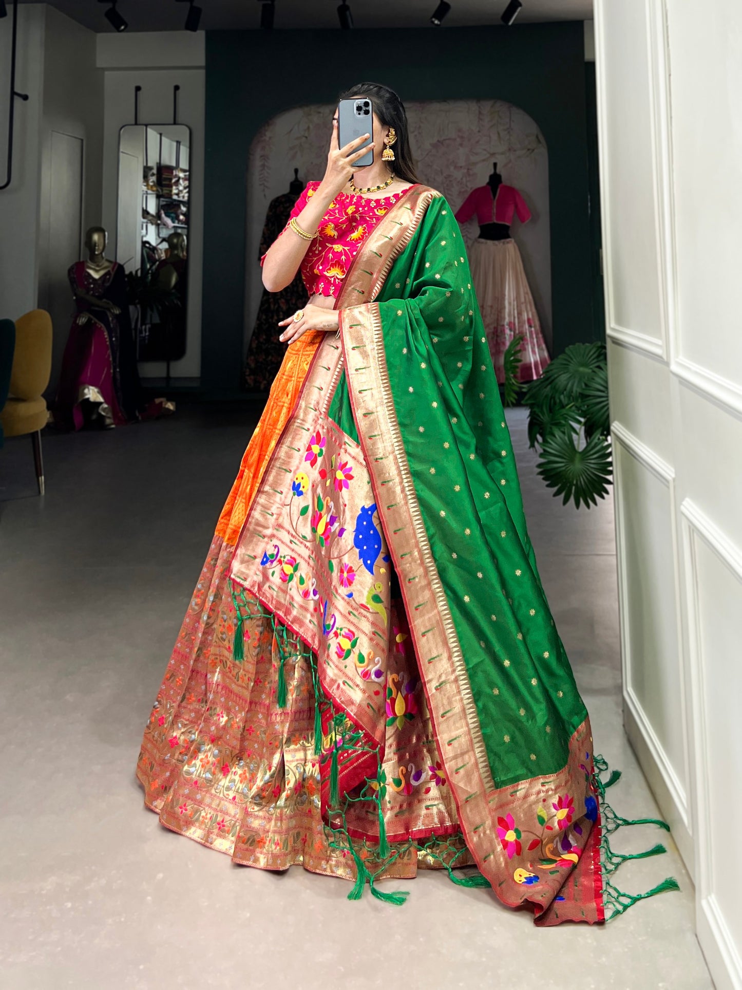 Green Color Plain With Paithani Lace Border Vichitra Silk Lehenga Choli By WTW