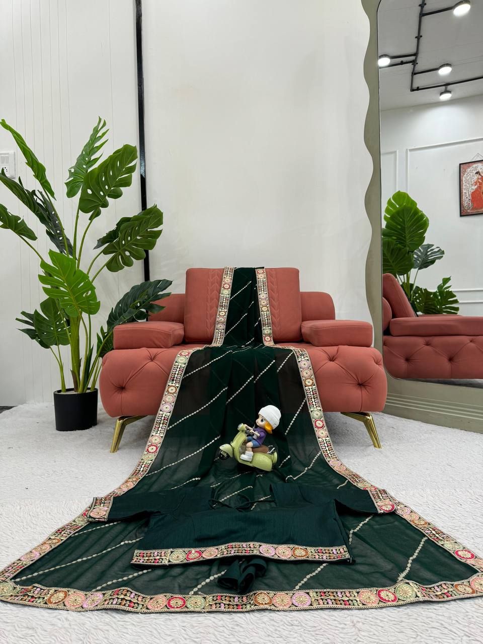 Bottle Green Faux Georgette Cording Sequence Work Saree By WTW