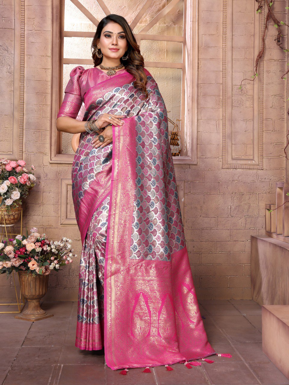 Pink Banarasi Silk Saree With Blouse Piece By WTW