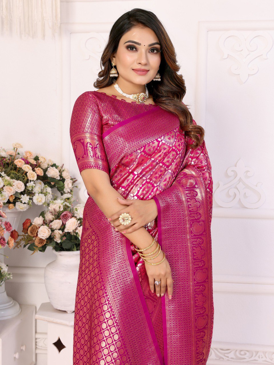 Pink Banarasi Silk Saree With Blouse Piece By WTW