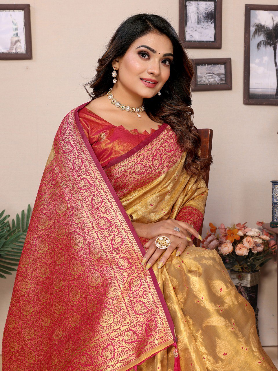Cream Banarasi Silk Saree With Blouse Piece By WTW