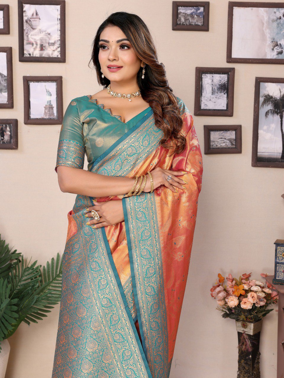 Dark Peach Banarasi Silk Saree With Blouse Piece By WTW