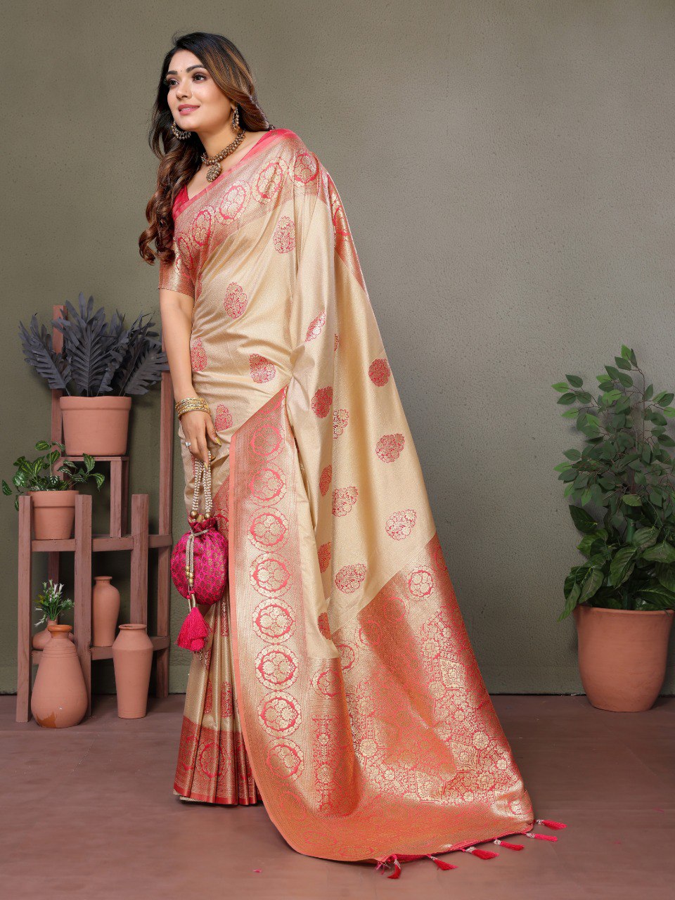 Cream Spun Silk Saree With Blouse Piece By WTW