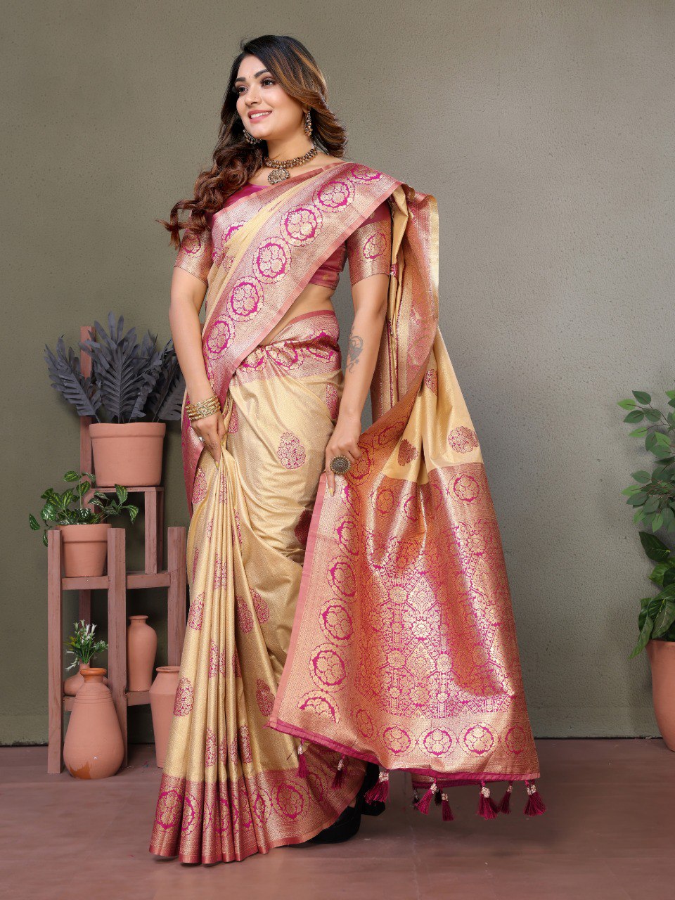 Cream Spun Silk Saree With Blouse Piece By WTW