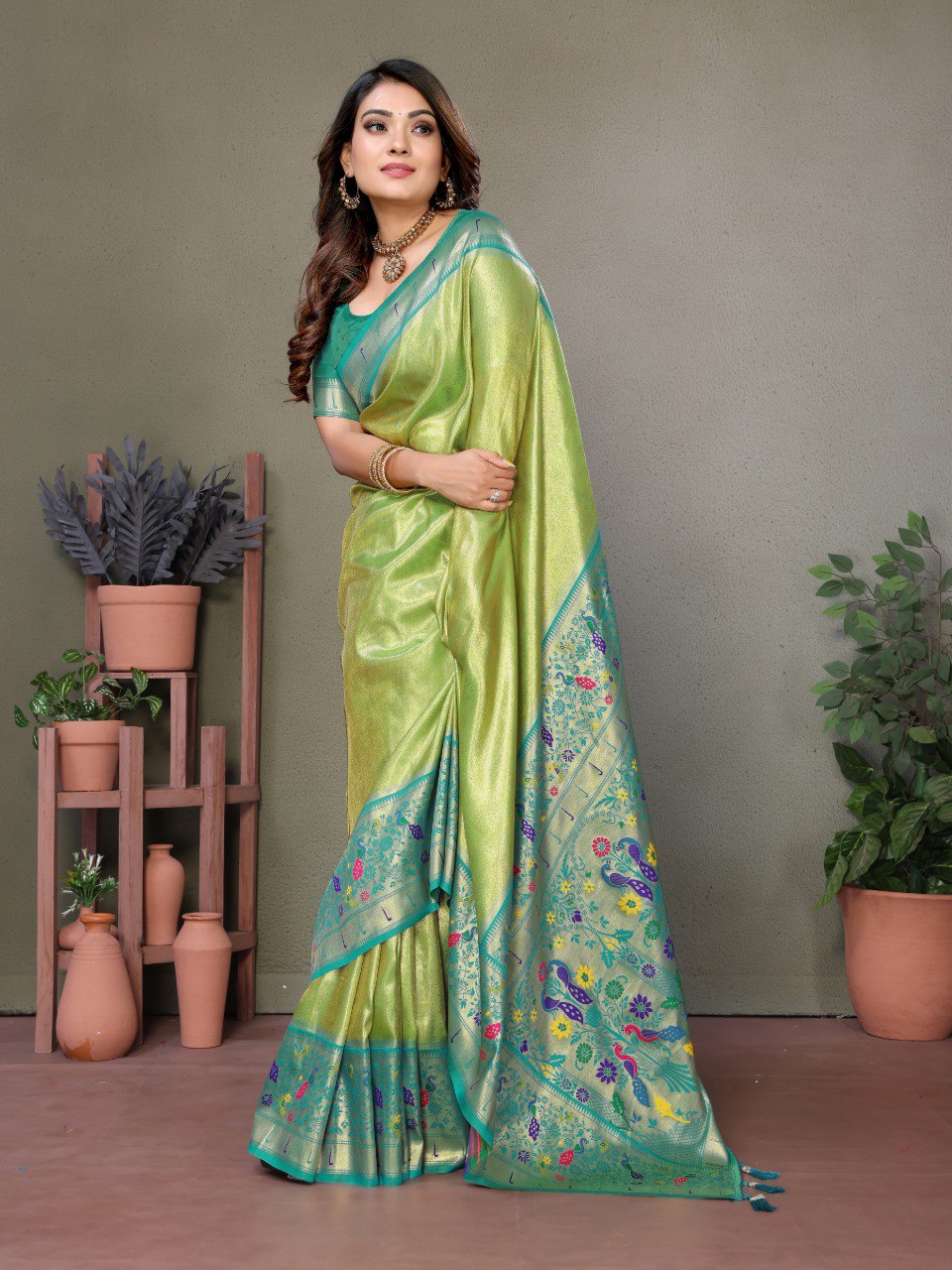 Light Green Banarasi Silk Saree With Blouse Piece By WTW