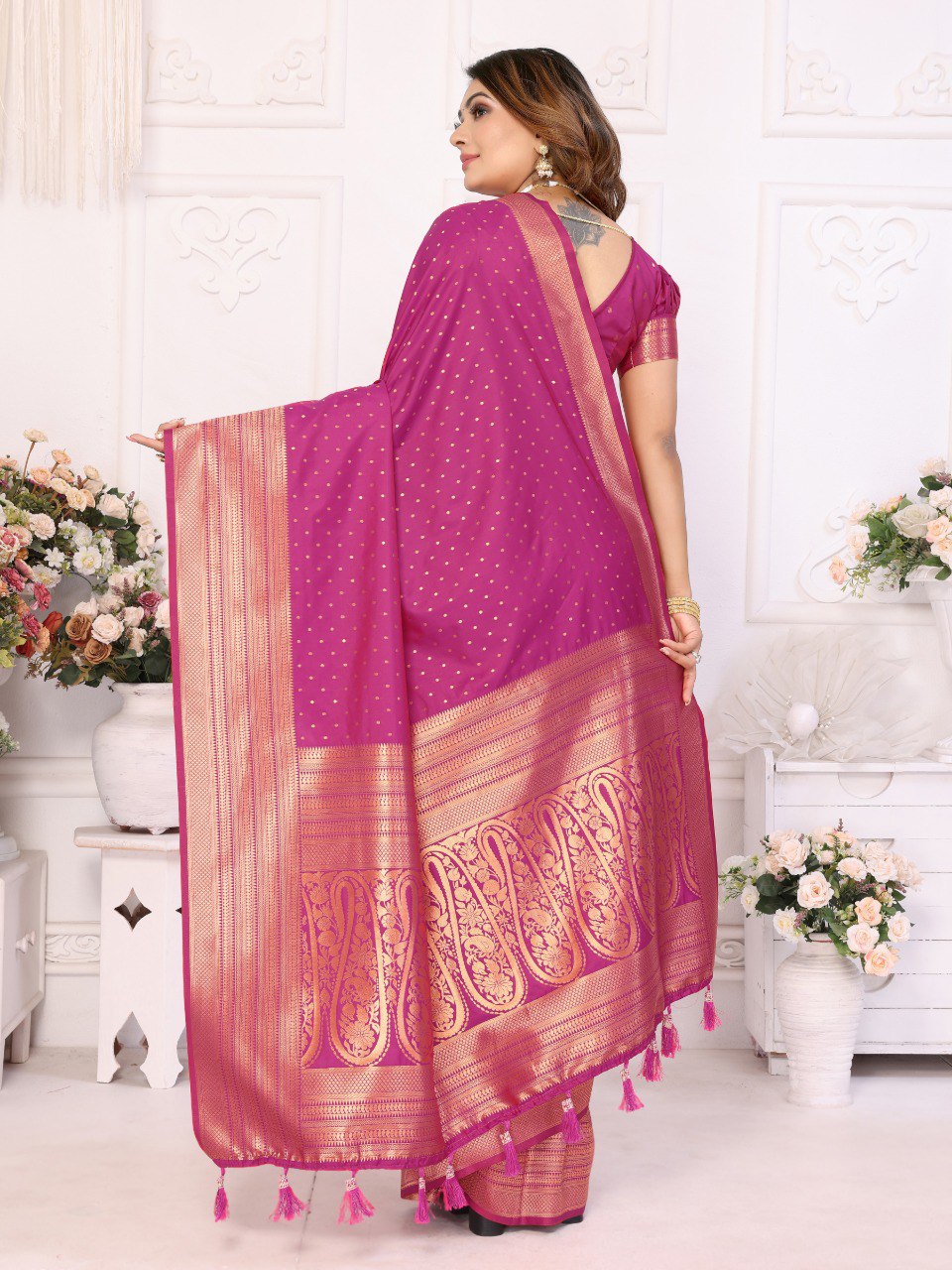 Pink Spun Silk Saree With Blouse Piece By WTW