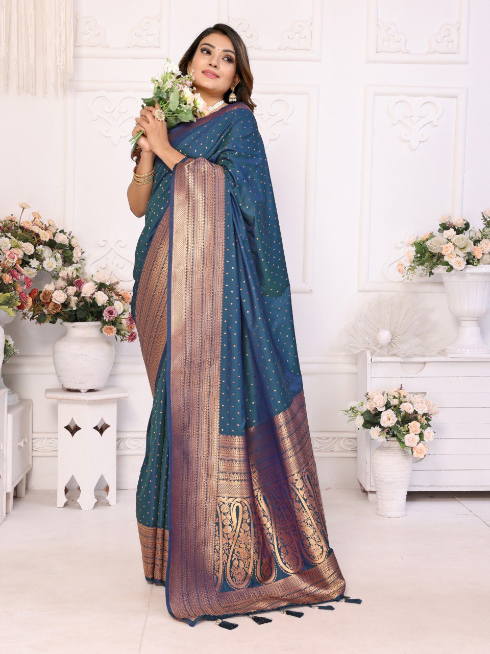 Teal Spun Silk Saree With Blouse Piece By WTW