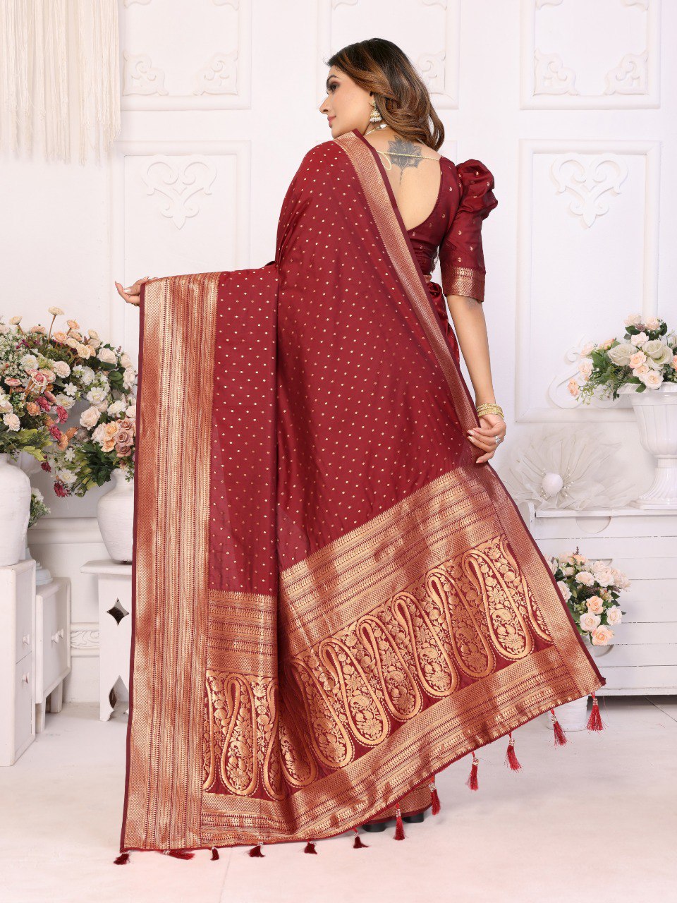 Maroon Spun Silk Saree With Blouse Piece By WTW