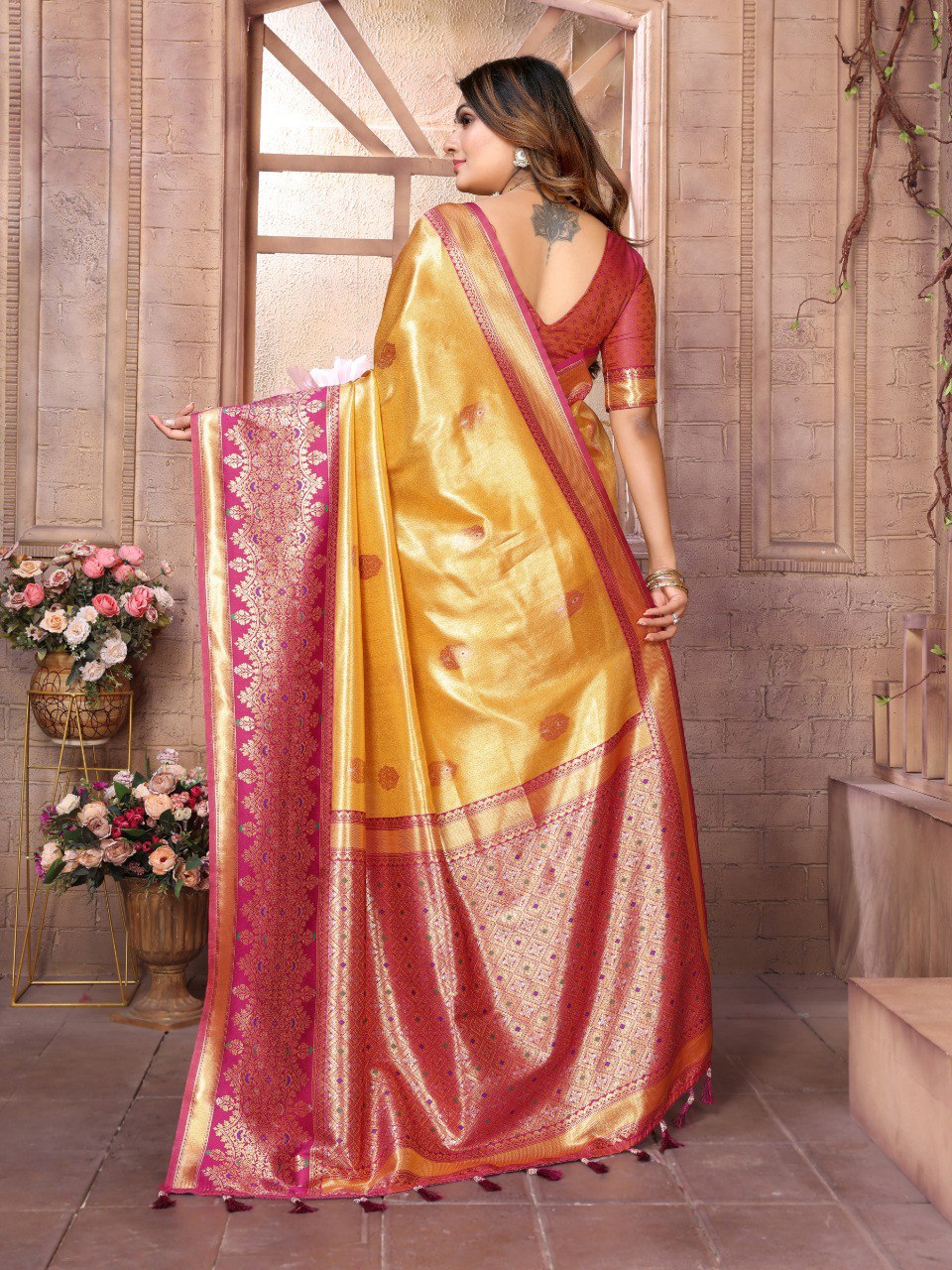 Orange Banarasi Silk Saree With Blouse Piece By WTW