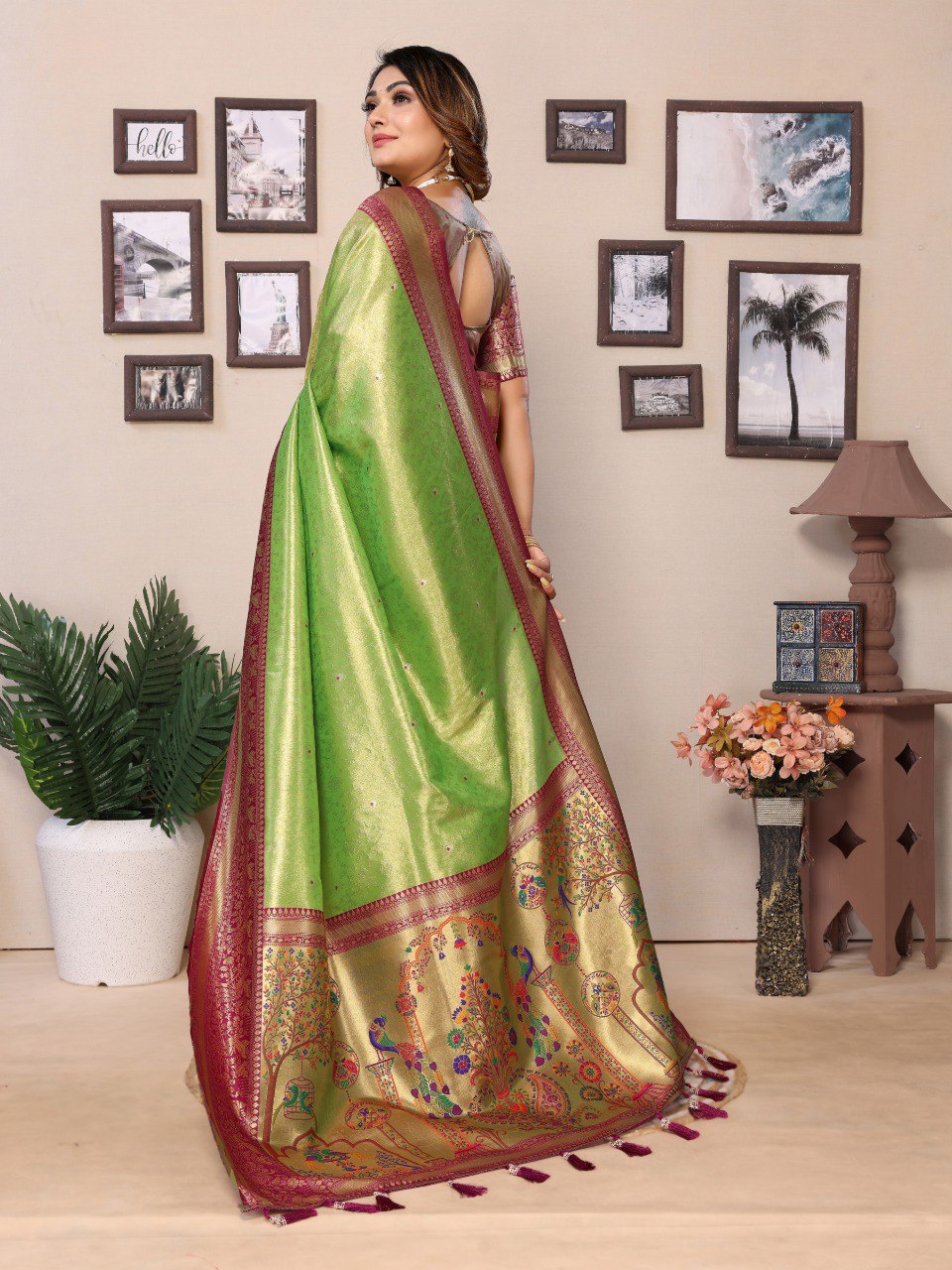 Light Green Banarasi Silk Saree With Blouse Piece By WTW
