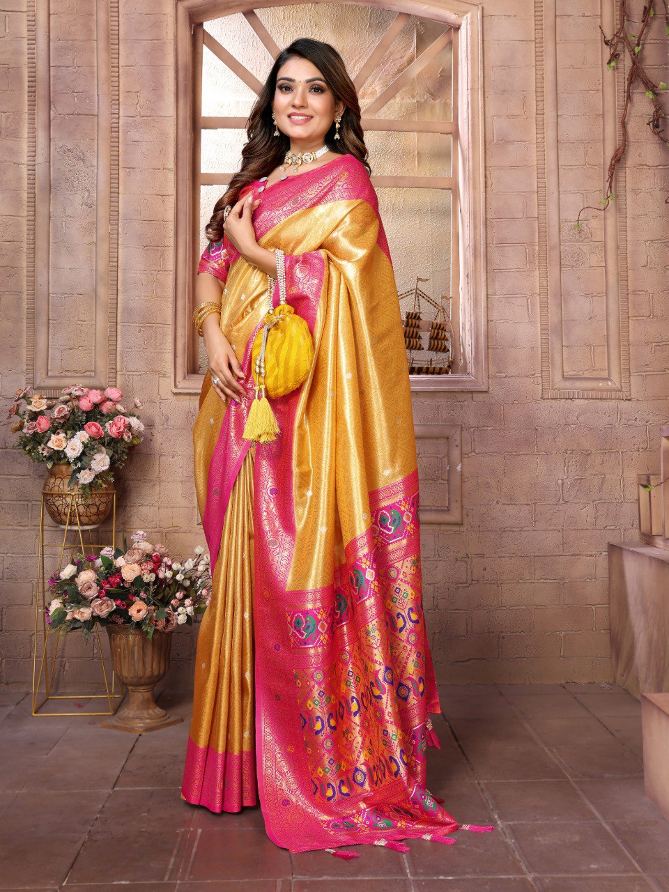 Yellow And Pink Colour Paithani Banarasi Tissue Silk Sarees