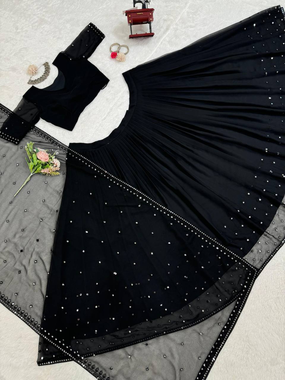 Black Faux Georgette Thread Work Lehenga Choli By WTW