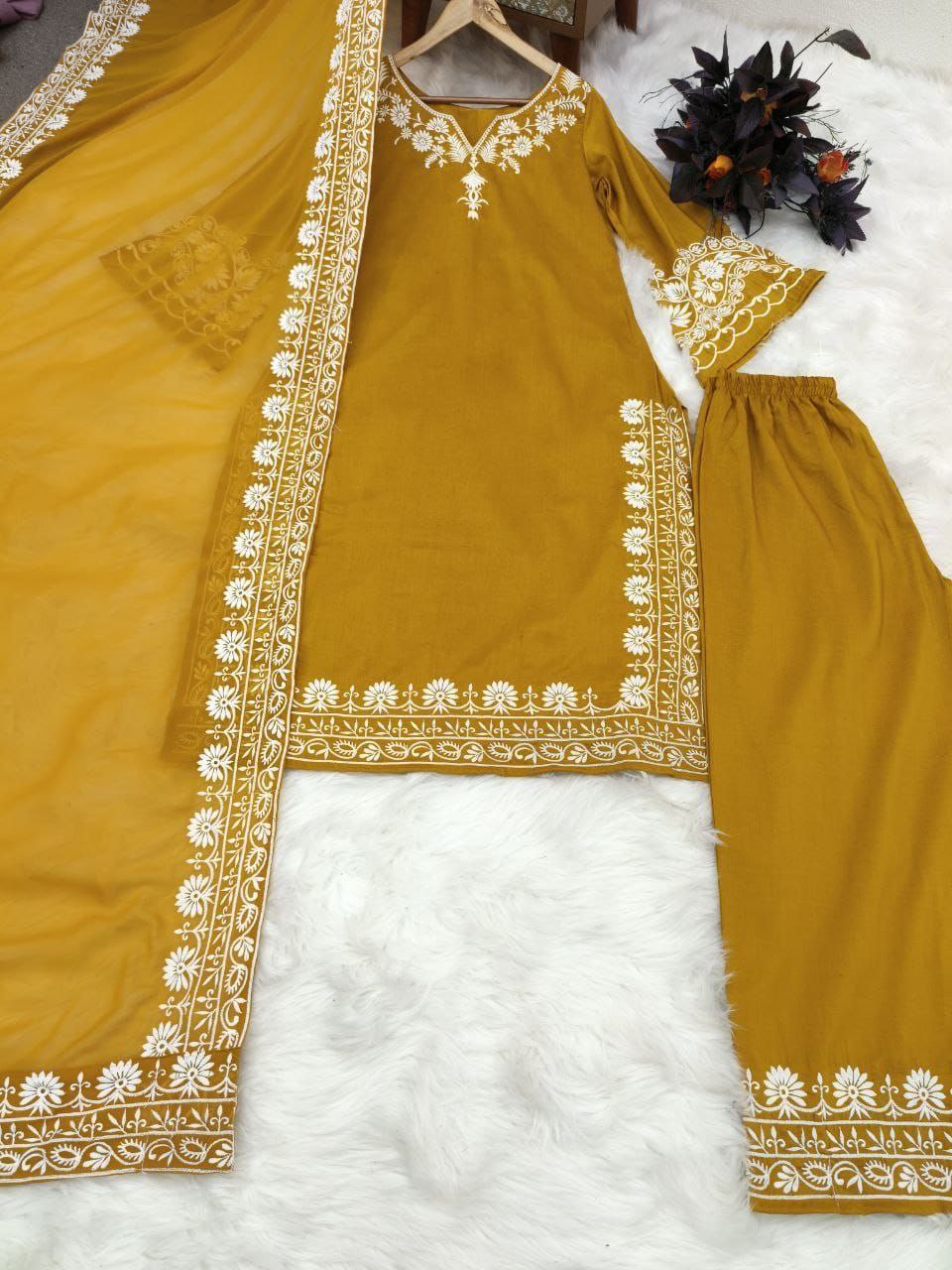 Yellow Maska Silk Embroidery Sharara Suit And Dupatta Set By WTW