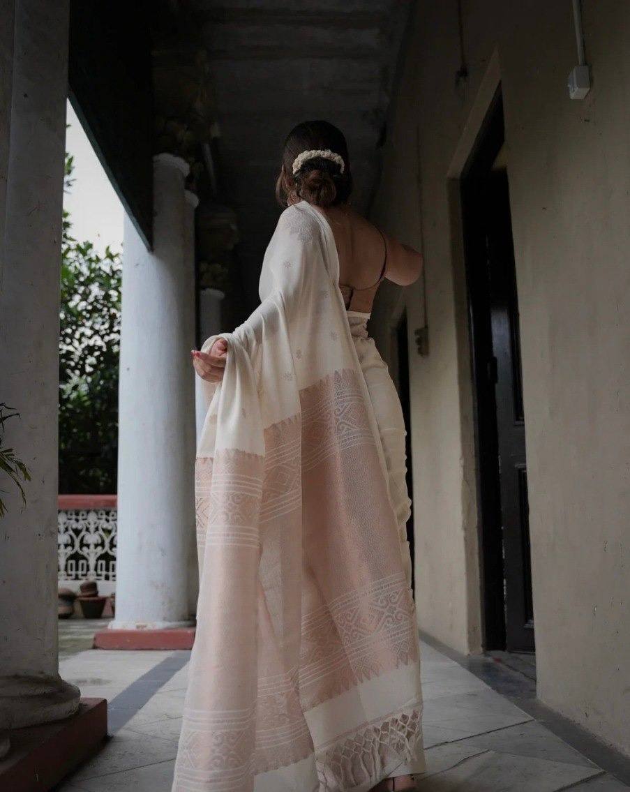 White Color Banarasi Jacquard Soft Silk Saree By WTW