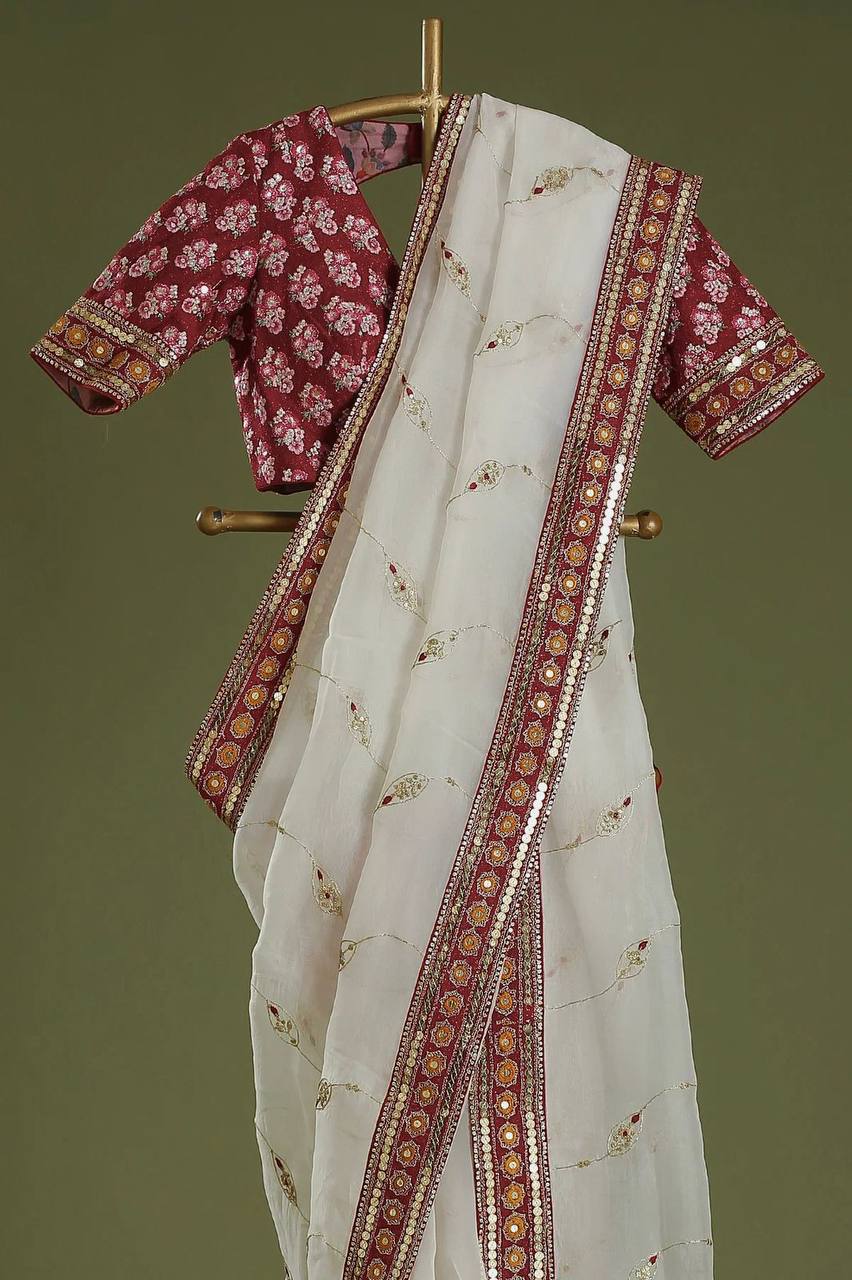Off-white Sequins Embroidered Organza Saree With Readymade Blouse By WTW