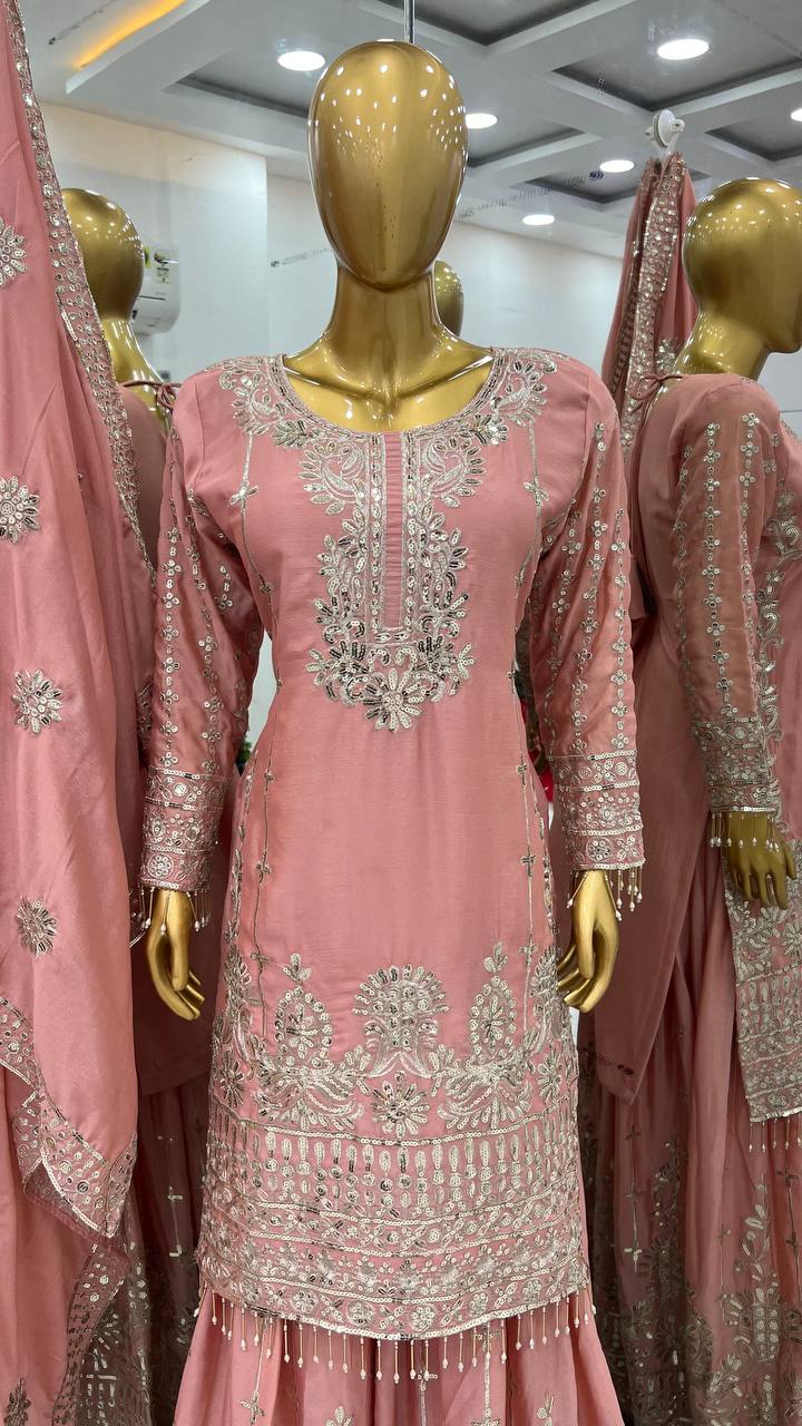 Peach Designer Top Sharara In Chinon With Sequence Embroidery With Dupatta By WTW