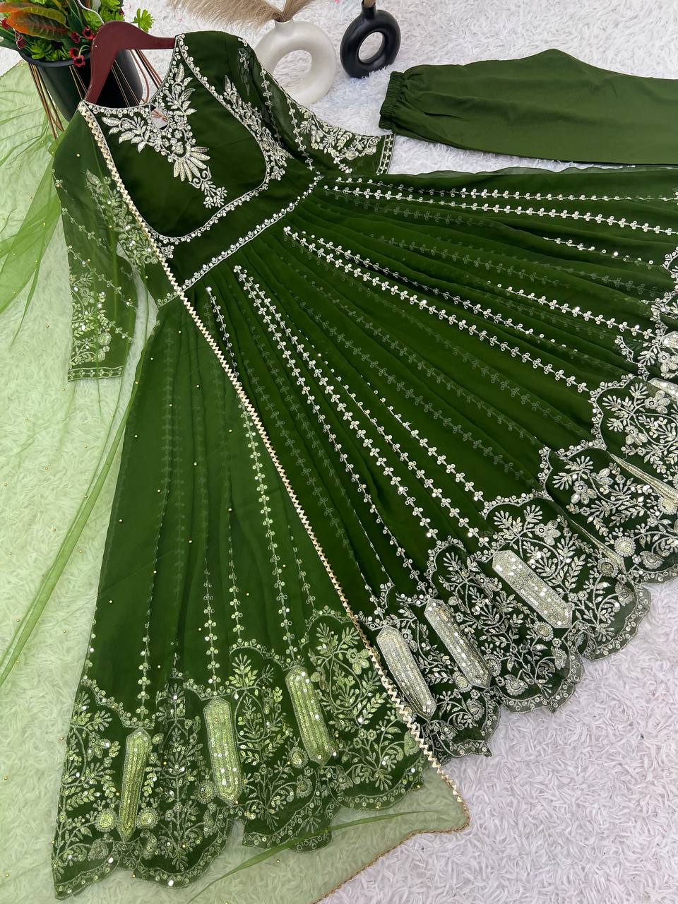 Green Faux Georgette Sequence Embroidery Work Gown By WTW