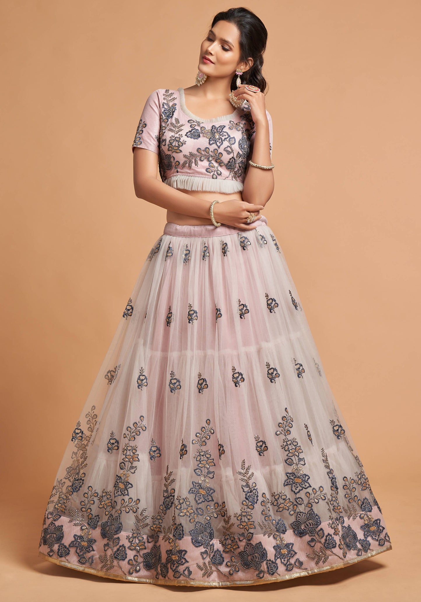 Brilliant Grey Zari Embroidered Net Party Wear Lehenga Choli By WTW
