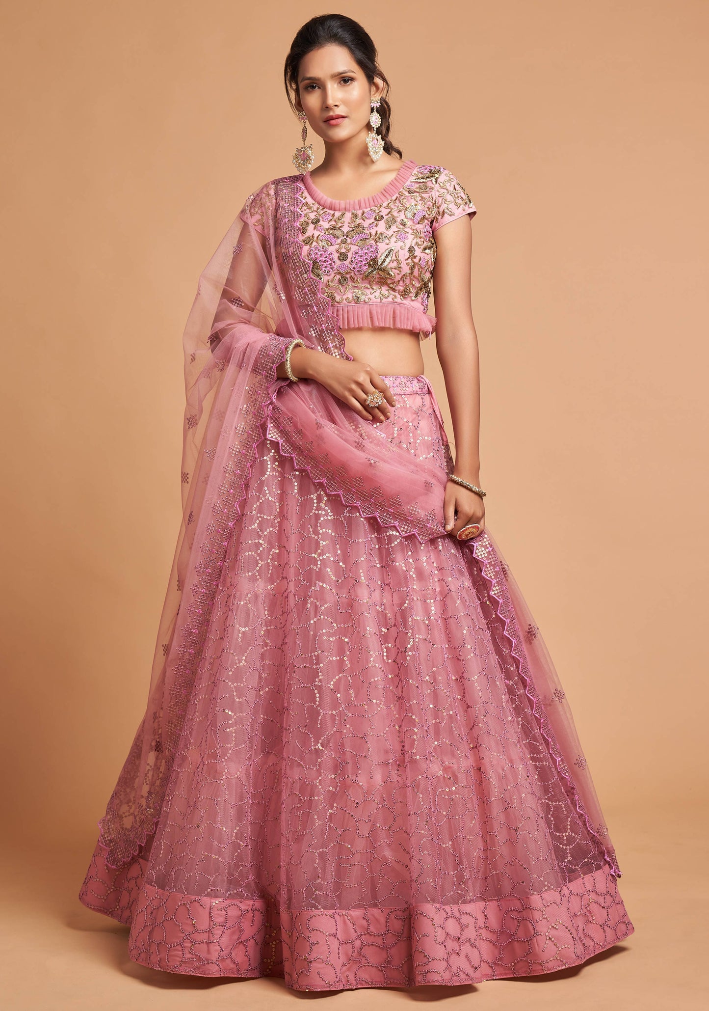 Blush Pink Zari And Sequin Embroidered Lehenga Set By WTW