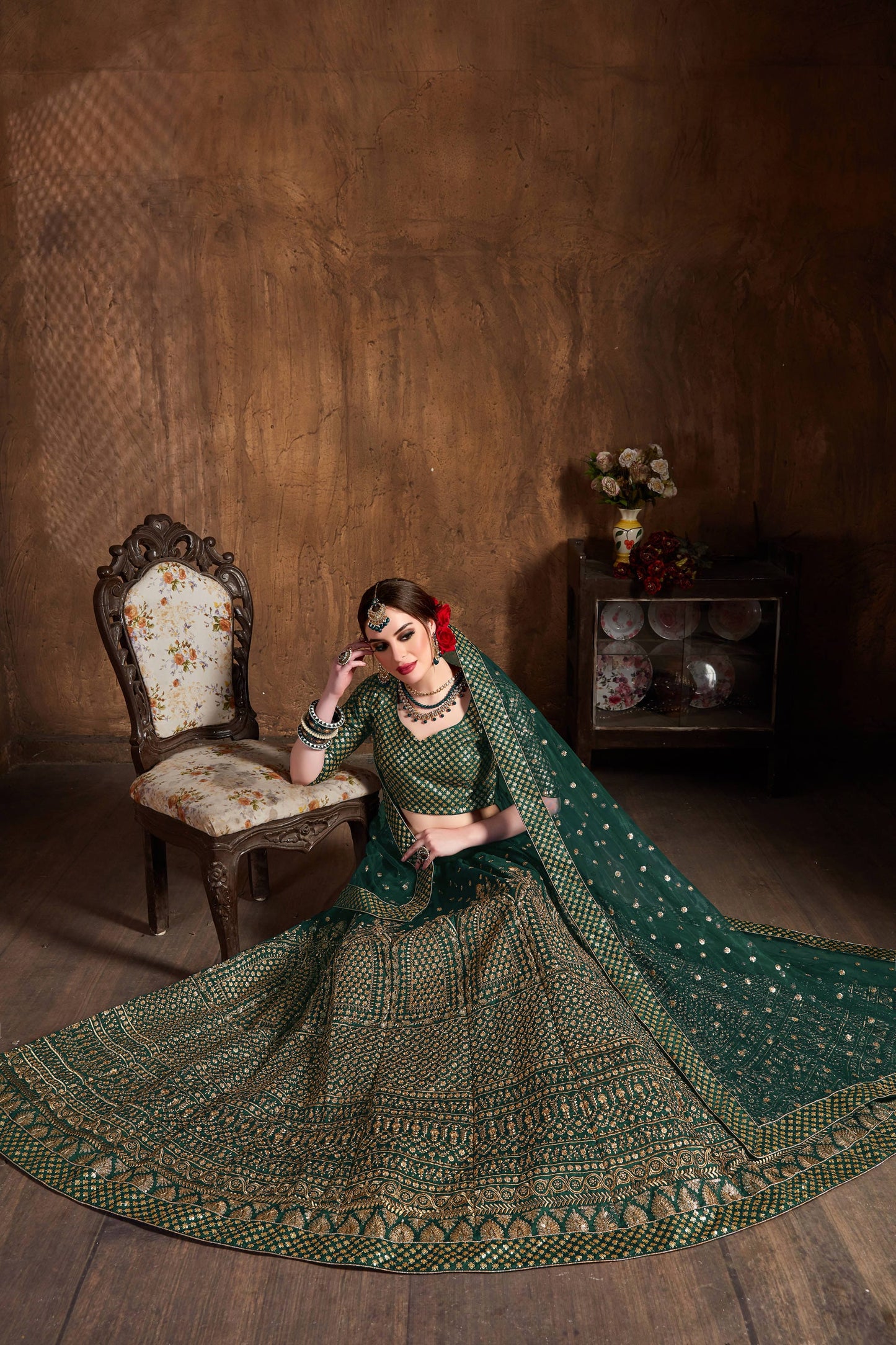 Bottle Green Sequins Raw Silk Wedding Lehenga Choli With Dupatta By WTW