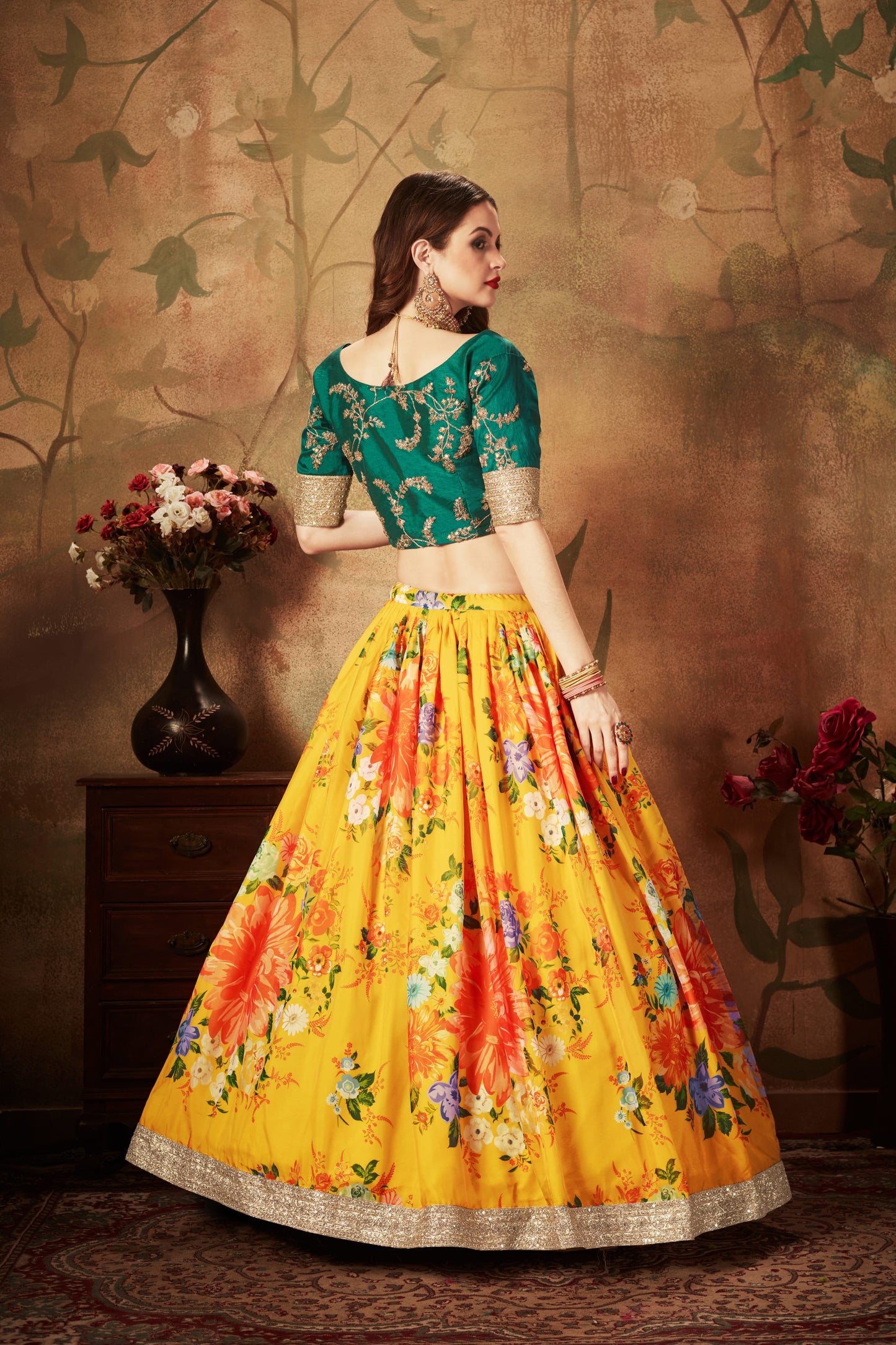 Yellow And Green Digital Print Zari Embroidered Lehenga Set By WTW