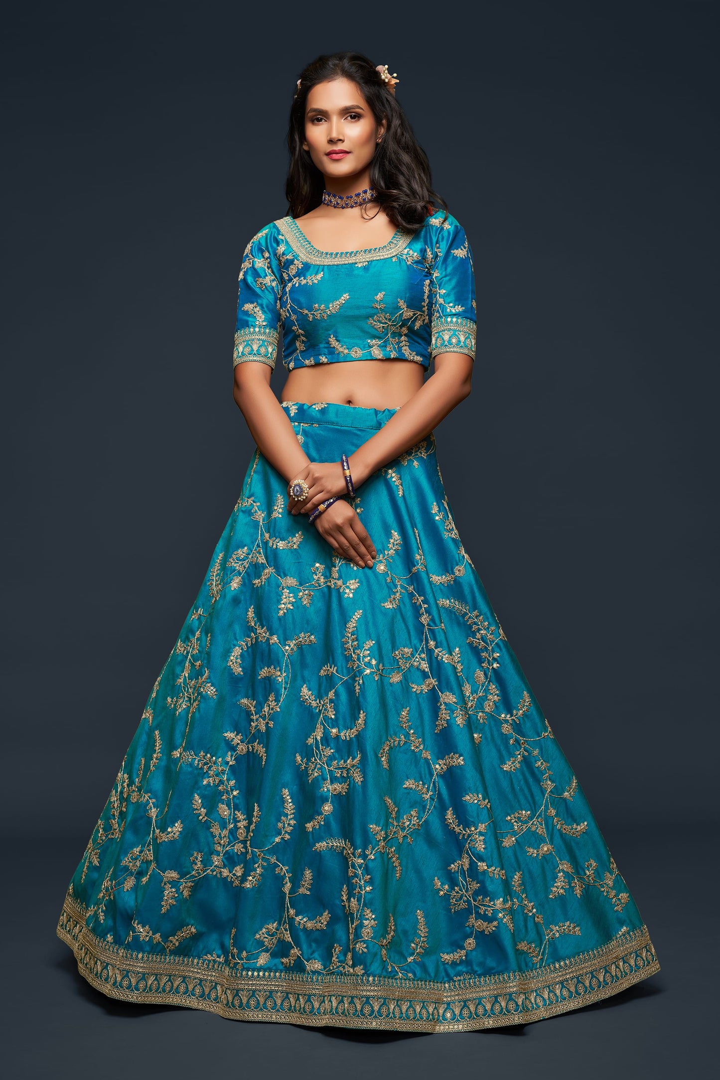 Teal Blue Thread Embroidery Art Silk Wedding Wear Lehenga Choli By WTW