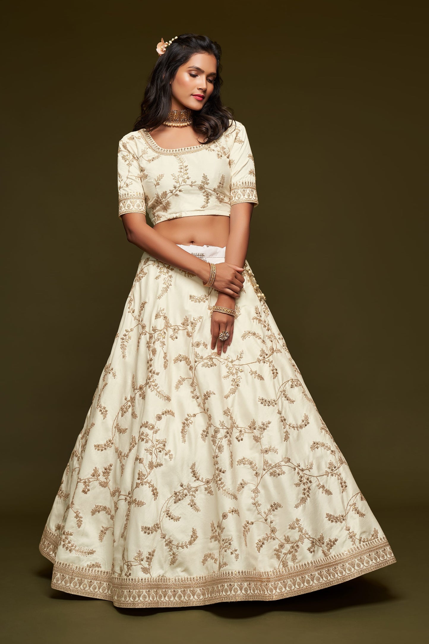 White Sequin Embroidered Work Art Silk Lehenga Set By WTW