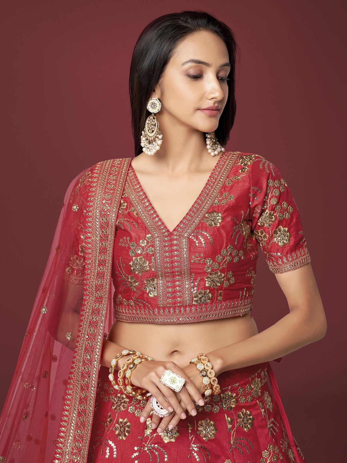 Bewitching Red Zari Work Slub Silk Wedding Wear Lehenga Choli By WTW