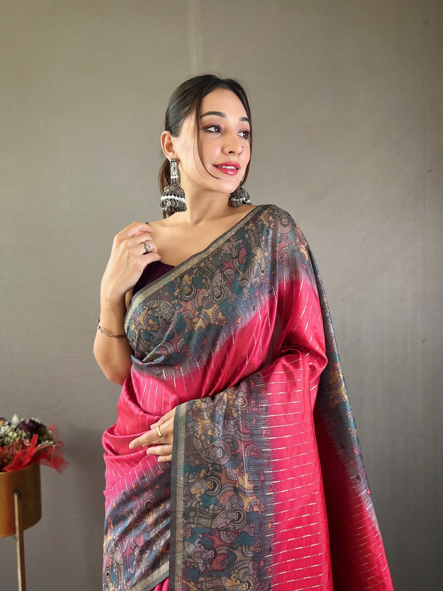 Cerise Pink Printed Chanderi Silk Saree By WTW