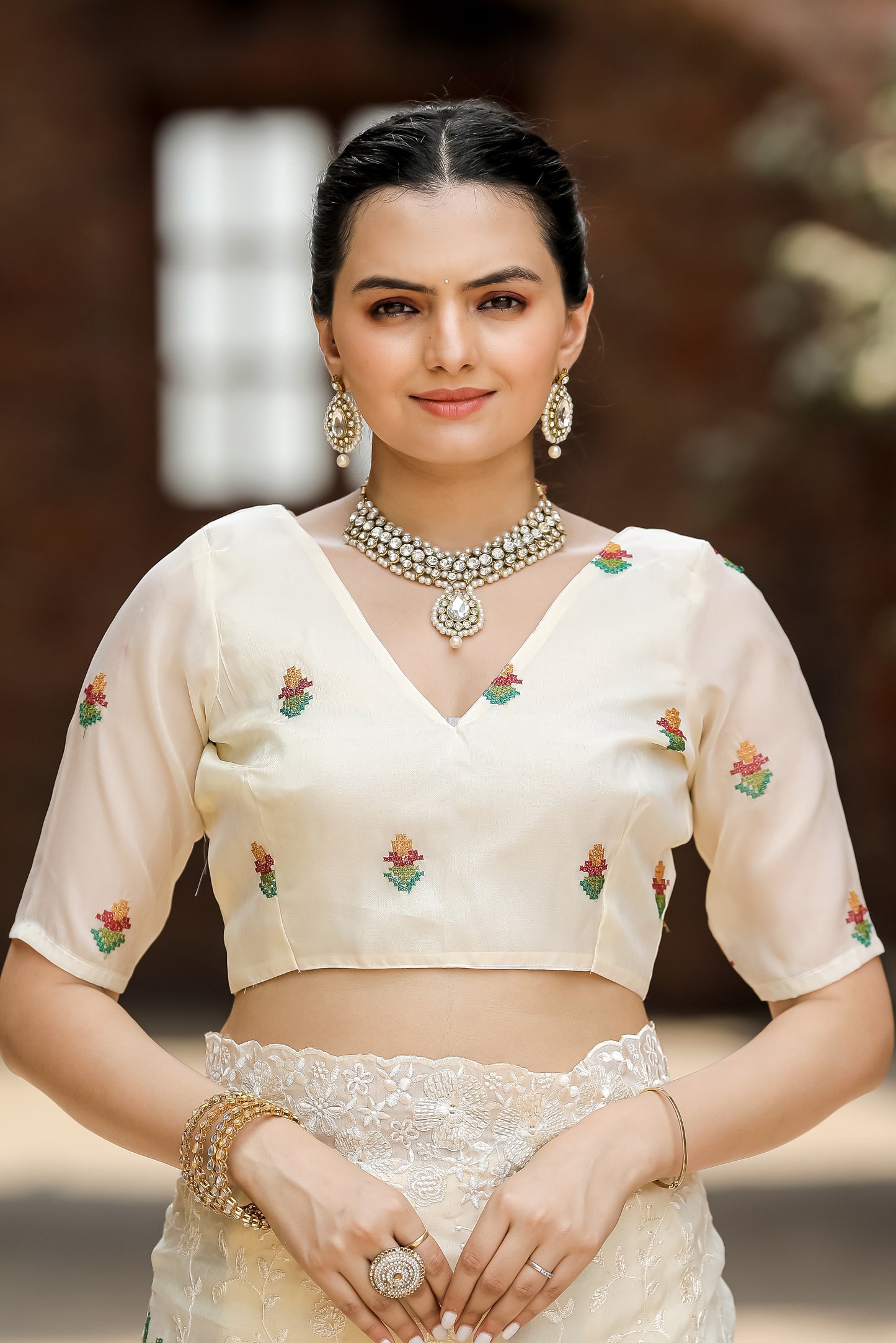 Cream Thread Embroidered Chiffon Saree Set By WTW