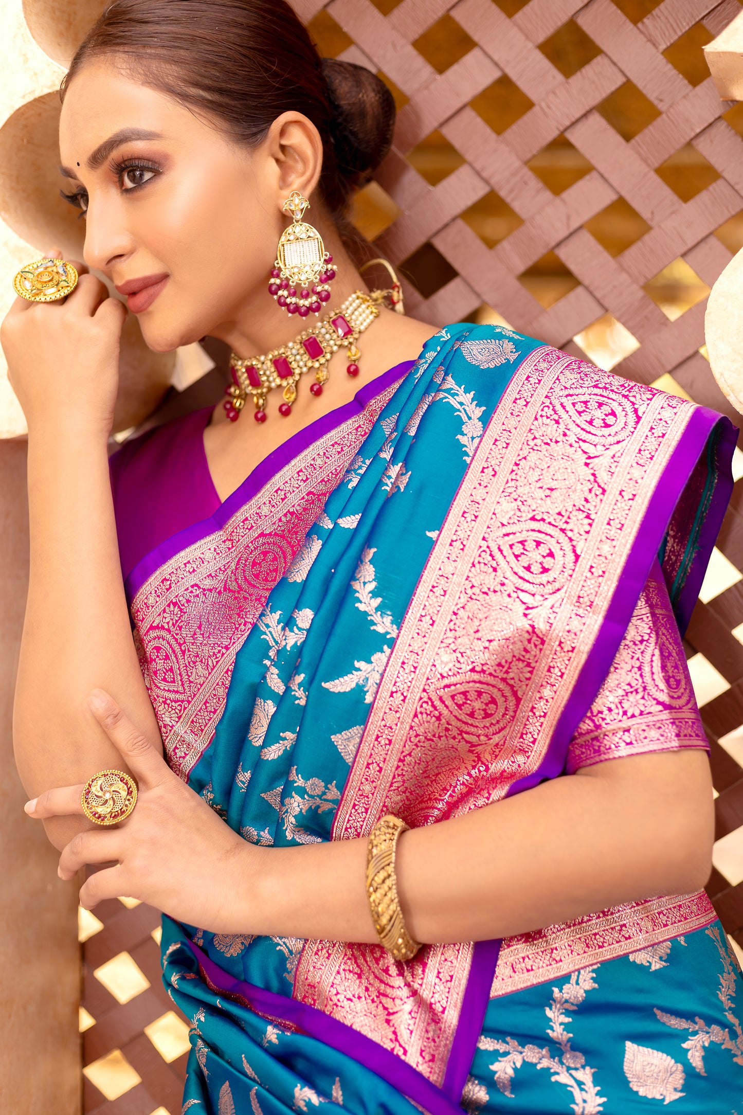 Exquisite Firozi Color Banarasi Silk Saree By WTW