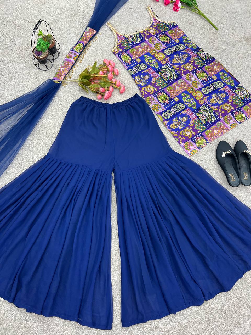 Mirror & Diamond Handwork Faux Georgette Sharara Suit By WTW