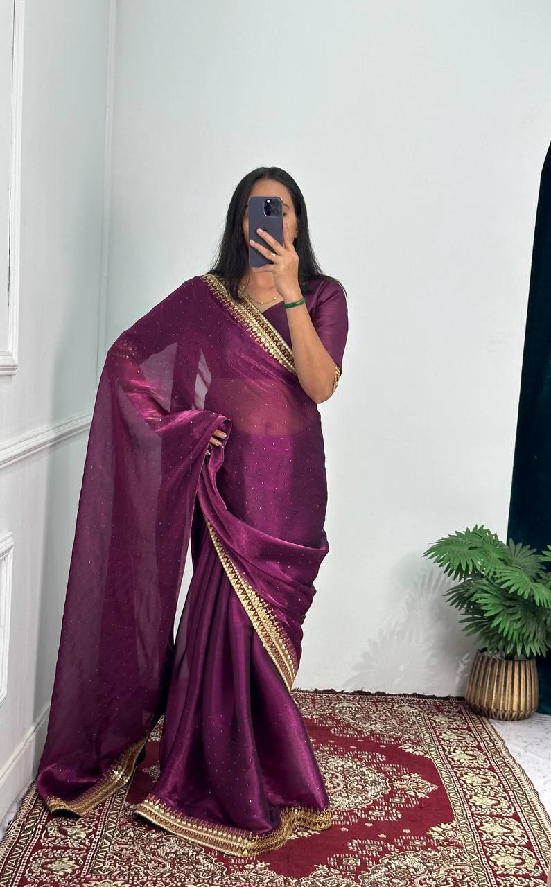 Classic Purple Color Burberry Foil And Zari Embroidery Work Saree By WTW