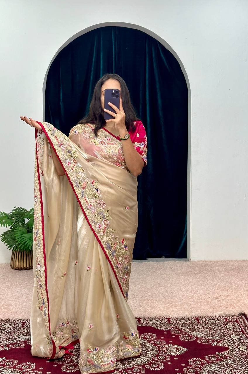 Pretty Golden Color Jimmy Choo Embroidery Sequins Saree By WTW