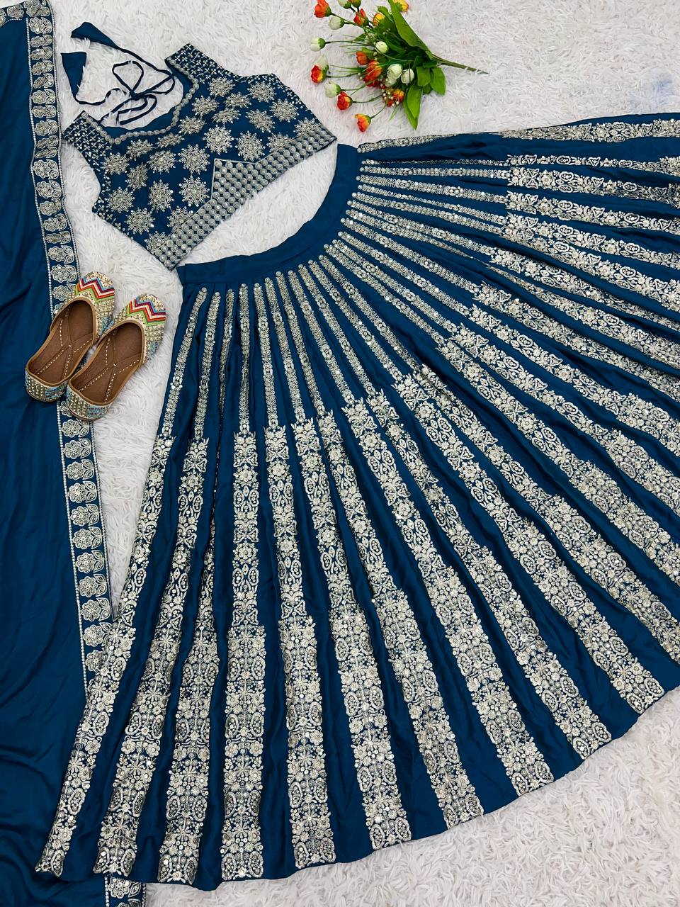 Blue Chinon Silk Sequence Embroidery Work Lehenga Choli By WTW