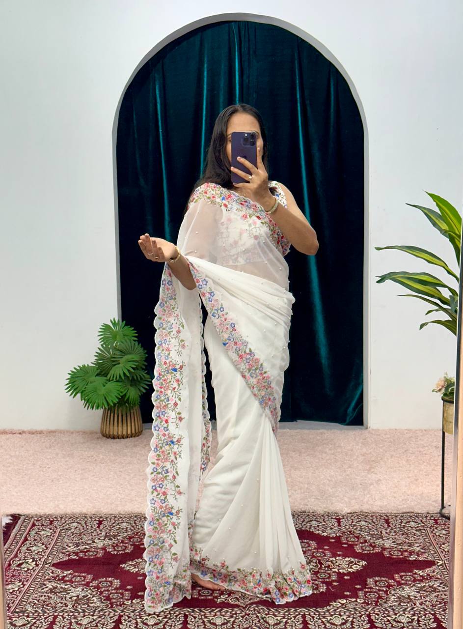 Party Wear White Color Embroidery Thread And Hand Work Saree By WTW