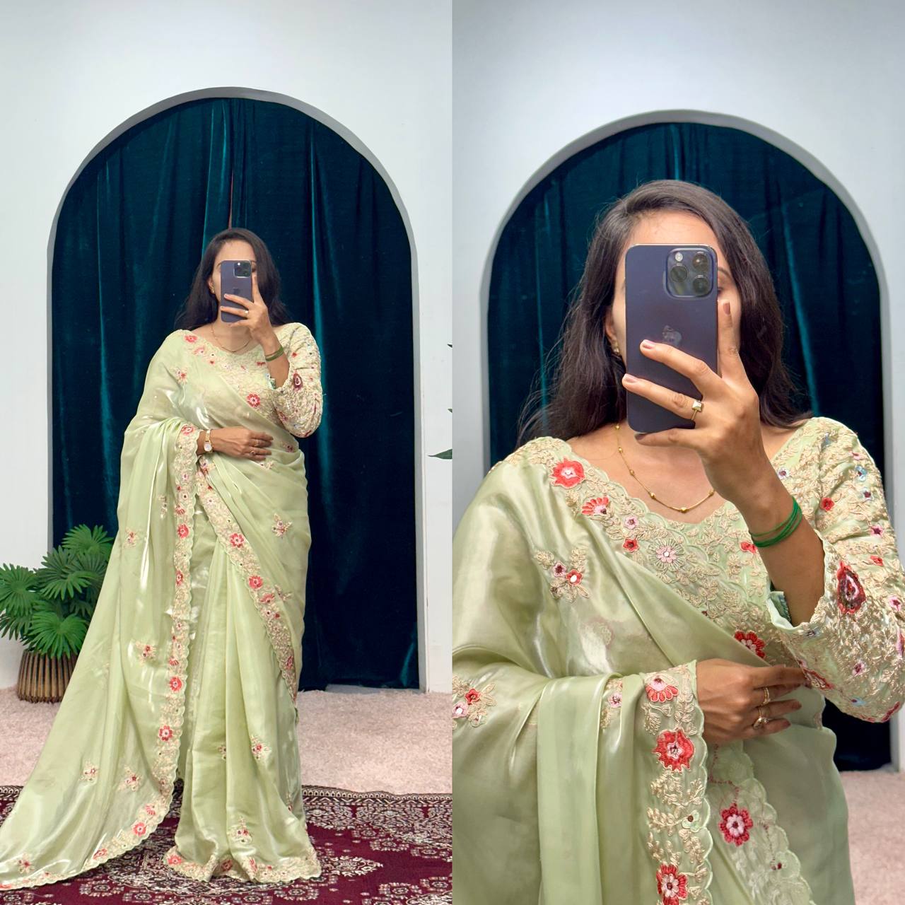 Pretty Green Color Jimmy Choo Embroidery Sequins Saree By WTW