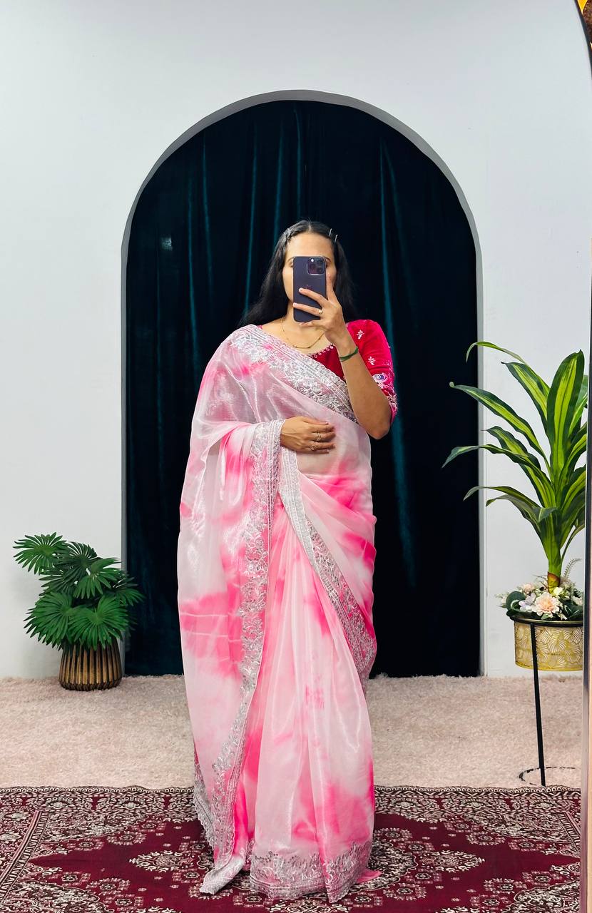 Fancy Pink Color Burberry Blooming Zari Embroidery Saree By WTW