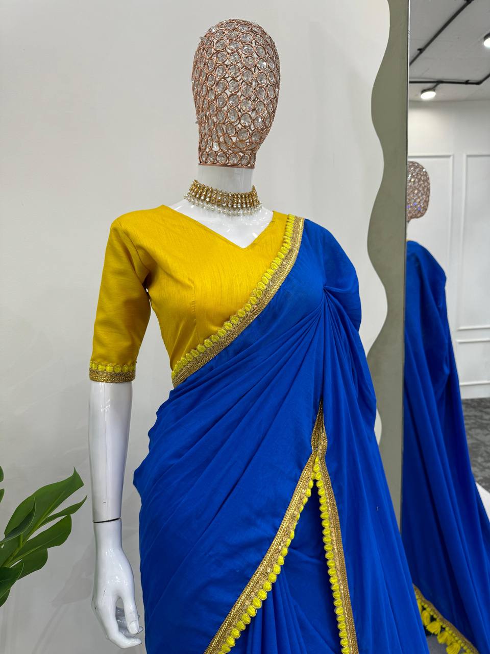 Royal Blue Mul Cotton Fancy Lace Work Saree By WTW