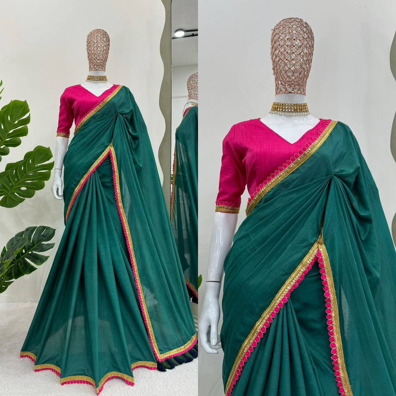 Rama Green Mul Cotton Fancy Lace Work Saree By WTW
