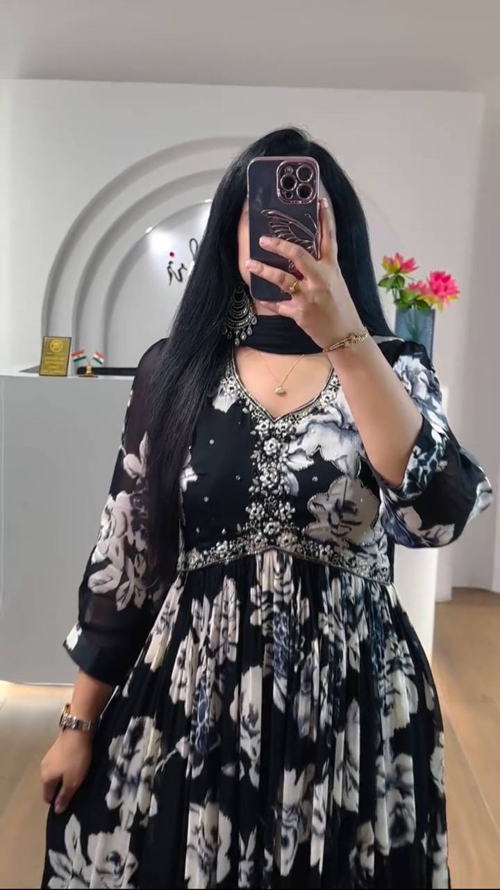 Faux Georgette With Embroidery Thread Work With Digital Print Gown By WTW