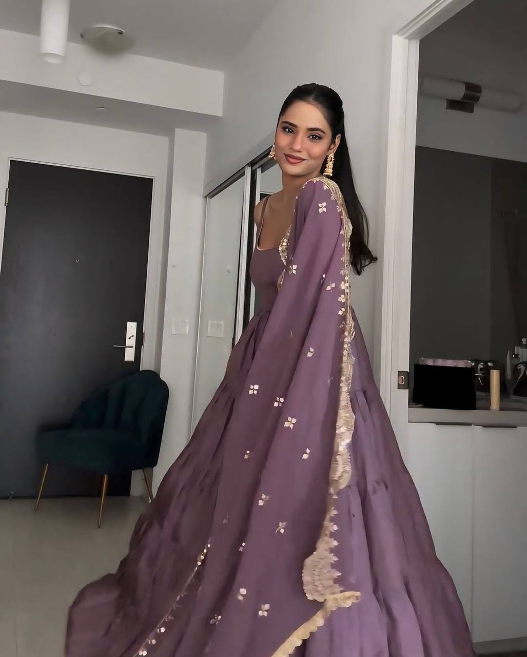 Grape Purple Heavy Georgette Ruffle Flair Gown By WTW