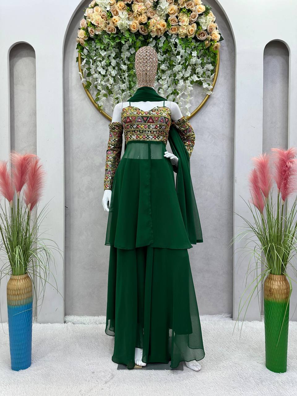 Green Georgette Designer Indowestern Palazzo Suit By WTW