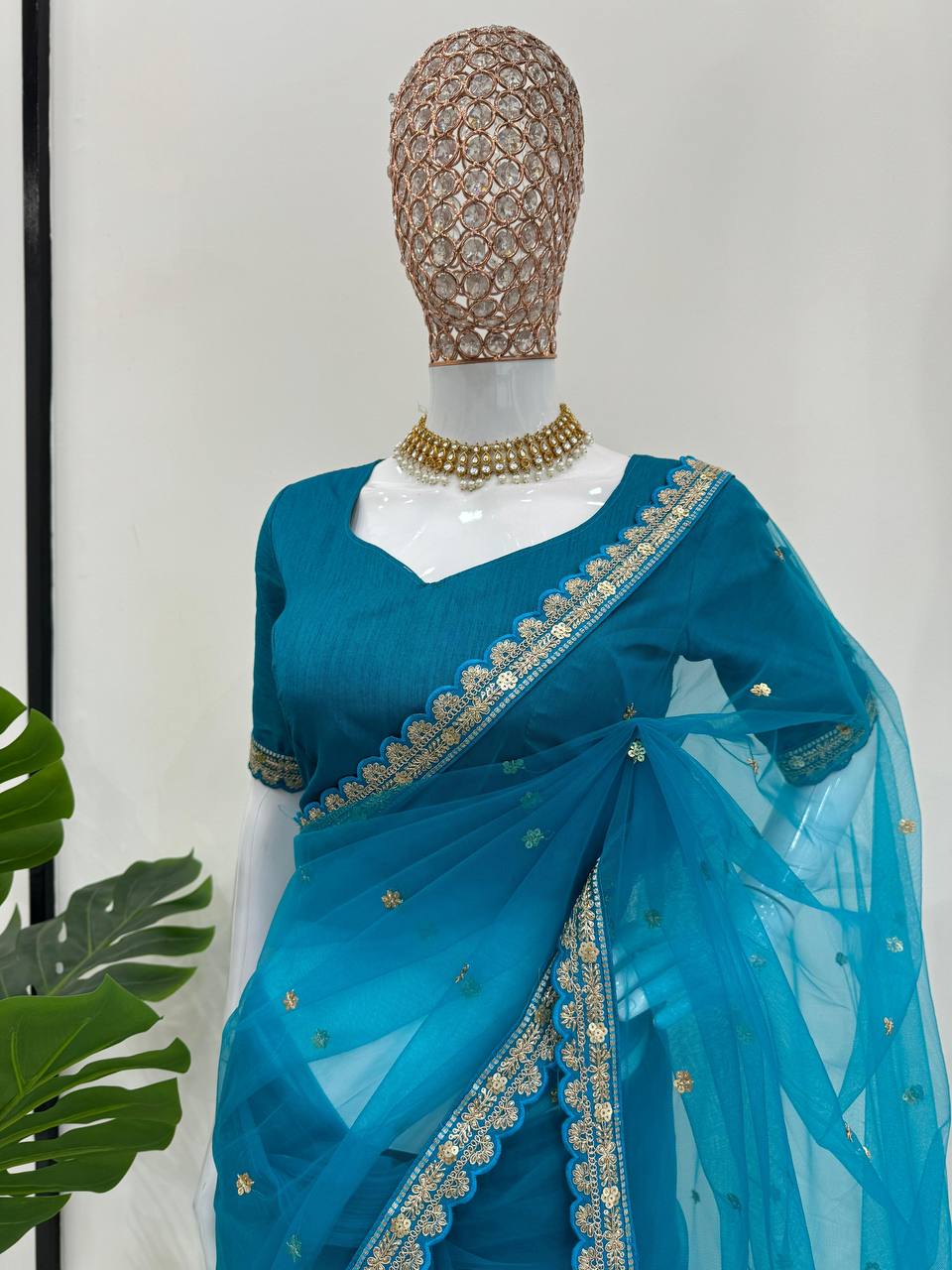 Teal Embellished Ruffled Sequinned Net Saree By WTW