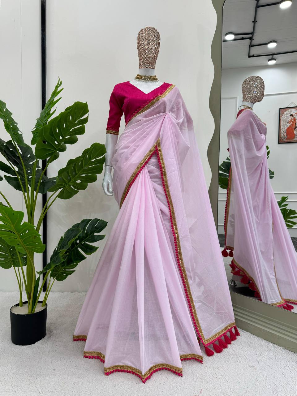 Lace Work Saree Pink Monochrome By WTW